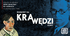 Logo rozmów na krawędzi sceny oraz informacje dotyczące wydarzenia. W tle widać dwóch mężczyzn w lewym dolnym oraz w prawym górnym rogu.